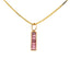 Featuring a elongated rectangle pendant with seven baguette stones inside the setting. With a large circular bail. This is has a pink color, and it is tourmaline. 