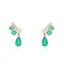 Product picture of a emerald diamond earring studs. This pair of earring studs have three round diamonds and two round emeralds, designed with a pear shaped emerald that is dangling. 