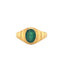 A emerald signet ring with an oval shaped emerald face and ribbed band. The emerald is bezel set into the frame. 