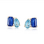 Product picture of blue topaz and kyanite toi et moi style earring stud. The darker blue is emerald cut shape and the lighter blue is pear shape stone.