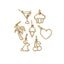 A small solid gold charm with cut out shapes such as heart, cherry, bunny, palm tree, ice cream, cup cake, and martini. 