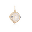 Product picture of a round crystal sphere framed with solid gold and five sapphire stars. Four around and one at the bottom. This piece looks at a magical glowing globe with sapphires and diamonds.