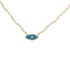 Product picture of a evil eye enamel necklace in blue with a diamond center. This necklace is attached to a cable chain made in solid gold. 