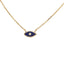 Product picture of a evil eye enamel necklace in navy with a diamond center. This necklace is attached to a cable chain made in solid gold. 