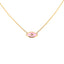 Product picture of a evil eye enamel necklace in light pink with a diamond center. This necklace is attached to a cable chain made in solid gold. 