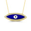 An elongated evil eye pendant with hand painted blue enamel and white eye. The pendant has a pave halo and attached to a thin cable chain. 