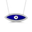 An elongated evil eye pendant with hand painted blue enamel and white eye. The pendant has a pave halo and attached to a thin cable chain. White gold