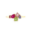 This ring has different shaped colored gemstones curated into on cluster. Set on a thin gold band. 