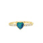 Product picture of a opal heart ring with five diamonds on each side. The center opal is blue with green flash.