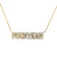 Product picture of a bubble font gold name necklace with a diamond pave frame. This necklace is a statement necklace that reads "fuckyeah". 