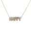 Product picture of a bubble font gold name necklace with a diamond pave frame. This necklace is a statement necklace that reads "Happy". 