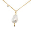 Product picture of a fresh water free form pearl necklace with a diamond dangle on the bottom with a gold chain. 