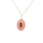 A product pic of our pink opal Barbie necklace. On an oval pink opal, sits a darker pink tourmaline emerald cut gemstone.