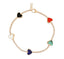 A heart tennis bracelet with rainbow colored heart station on the links. There are five different colored heart, red coral, green malachite, blue lapis, white mother of pearl and black onyx. 