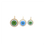 Product picture showing the blue painted eye set in solid 14k gold. Showing a variety of colors including blue and green and three different sizes large, medium and small.