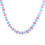 Product picture of a pink and blue alternate opal beaded necklace. The necklace is hand knotted with round wheel clasp. 