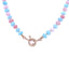 Product picture of a pink and blue alternate opal beaded necklace. The necklace is hand knotted with round wheel clasp. 